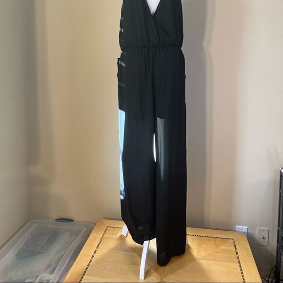 NWT! BCX Dress Black Wide Leg Semi Sheer Jumpsuit with Gold Keyhole Detail L - Picture 8 of 16